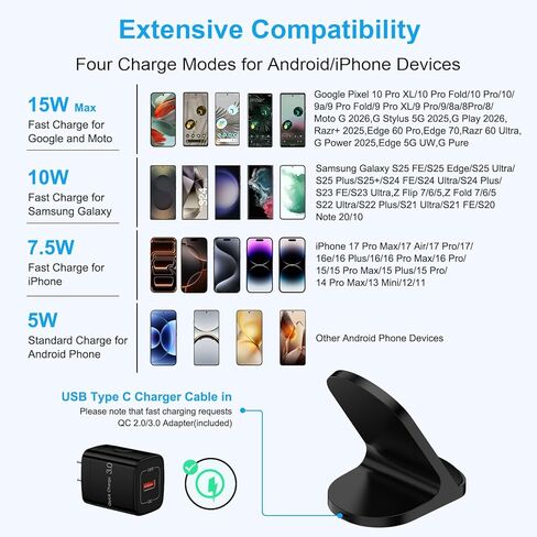محطة شحن لاسلكية سامسونج سريعة الشحن لهاتف Galaxy S25 Ultra S25 FE S24 Plus Z Flip7 Fold7 S23، iPhone 17 Pro Max 16Plus، Pixel 10/9، مكتب قاعدة شاحن لاسلكي Android مع محول in Kuwait