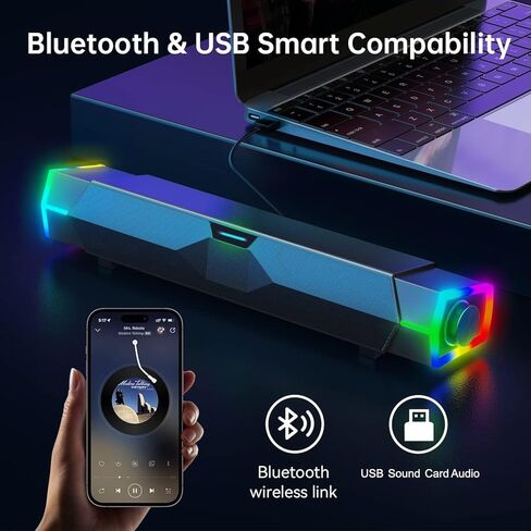 V18 Bluetooth & USB Smart Compability Computer Speakers for PC Desktop Monitor, Gaming PC Sound Bar, Superb Stereo Sound, with LED Lighting - Combine/Separate to Customize Your Desk in Saudi Arabia