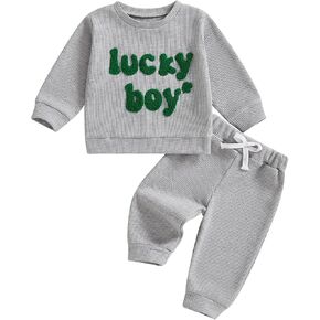 Lesimsam Toddler Baby Boy St Patricks Day Outfit Letter Embroidery Long Sleeve Waffle Knit Sweatshirt and Pants Set in Kuwait