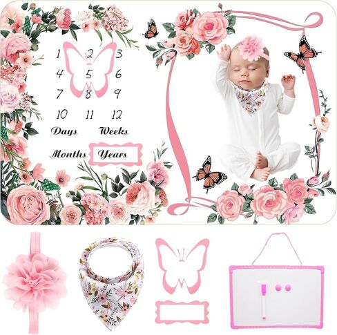 Milestone Blanket for Baby Girl (Pink 60x40 Inches), with Photo Aid Frame, Saliva Towel, Erasable Writing Board, Hair Band, Documenting Growth。 in Saudi Arabia