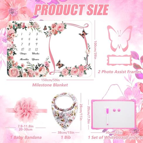 Milestone Blanket for Baby Girl (Pink 60x40 Inches), with Photo Aid Frame, Saliva Towel, Erasable Writing Board, Hair Band, Documenting Growth。 in Saudi Arabia