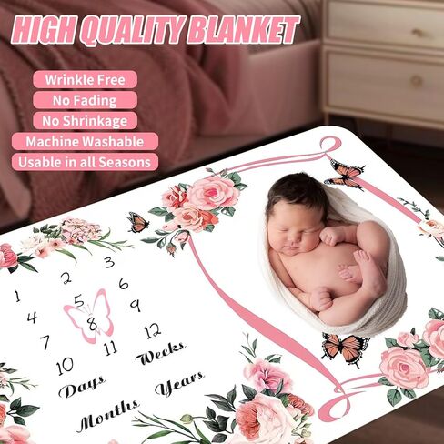 Milestone Blanket for Baby Girl (Pink 60x40 Inches), with Photo Aid Frame, Saliva Towel, Erasable Writing Board, Hair Band, Documenting Growth。 in Saudi Arabia