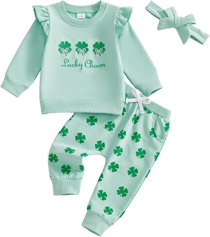 Toddler Baby Girl St Patricks Day Outfit Ruffle Sleeve Letters Print Lucky Charm Sweatshirt Pants Headband 3Pcs Set in Saudi Arabia