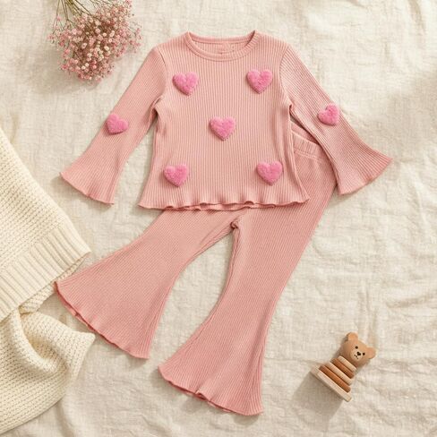 2 Piece Girls Outfit Set Breathable Lightweight Long Sleeve Cotton for Toddler Bell Bottom Pants and Heart Applique Top in Saudi Arabia