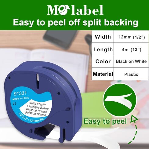 شريط ملصقات 10 عبوات متوافق مع Dymo Letratag 91331 S0721610 1/2 بوصة × 13 بوصة شريط Letratag بلاستيكي أسود على أبيض لطابعات LT-100H LT110T TLabel in Kuwait