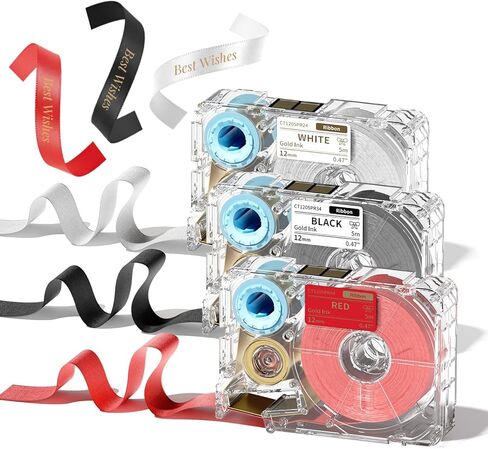 ملصق شريط Phomemo A30 P15، طباعة ذهبية مزخرفة حصرية على شريط من الساتان الأبيض والأسود والأحمر، وأشرطة قماش لتغليف الهدايا، وباقات الأقواس، وترتيب الزهور، والحرف اليدوية اليدوية، وديكور الحفلات، 12 مم × 5 متر in Saudi Arabia