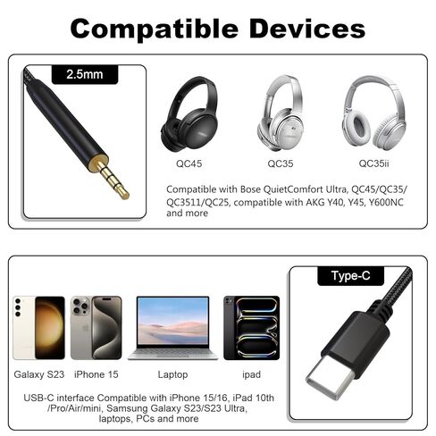 سلك كابل صوت USB C إلى 2.5 مم متوافق مع Bose 700، QuietComfort Ultra، QCSE، QC45/QC35/QC35II، بديل لـ JBL Tune 770NC/760NC/720BT، لـ AKG Y600NC Y500، متوافق مع الكمبيوتر الشخصي، iPhone 15 in Saudi Arabia