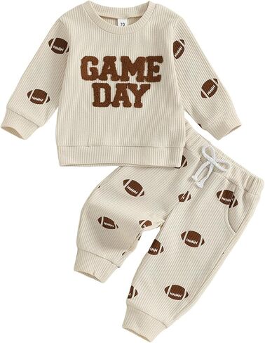 Toddler Baby Boy Football Outfit Game Day Embroidery Waffle Knit Long Sleeve Sweatshirt and Pants Set Fall Clothes in Saudi Arabia