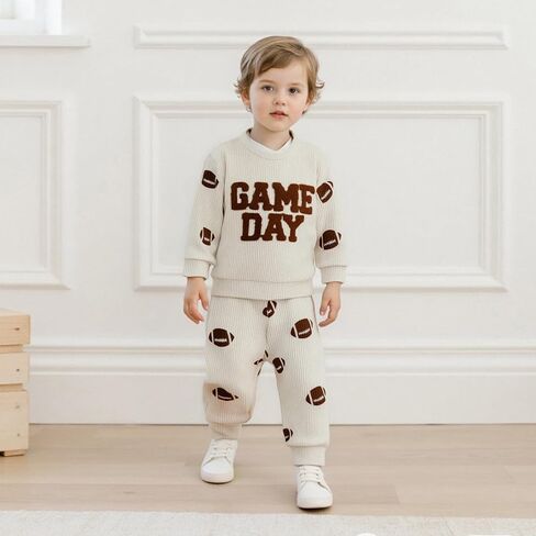 Toddler Baby Boy Football Outfit Game Day Embroidery Waffle Knit Long Sleeve Sweatshirt and Pants Set Fall Clothes in Saudi Arabia
