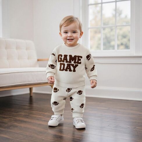 Toddler Baby Boy Football Outfit Game Day Embroidery Waffle Knit Long Sleeve Sweatshirt and Pants Set Fall Clothes in Saudi Arabia