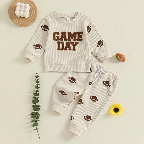 Toddler Baby Boy Football Outfit Game Day Embroidery Waffle Knit Long Sleeve Sweatshirt and Pants Set Fall Clothes in Saudi Arabia