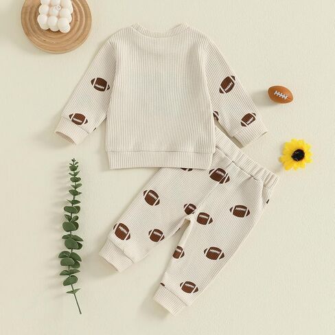 Toddler Baby Boy Football Outfit Game Day Embroidery Waffle Knit Long Sleeve Sweatshirt and Pants Set Fall Clothes in Saudi Arabia