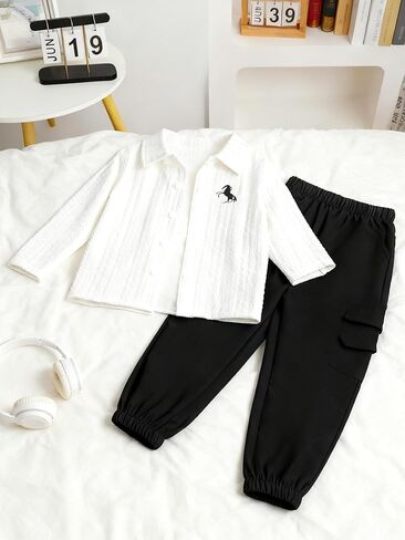 2 Piece Boy's Outfit Set Graphic White Black Button Shirt and Cargo Pants Casual for Boys Clothing Set(4-7) in Saudi Arabia