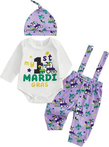 My First Mardi Gras Baby Boy Outfit Newborn Letter Print Long Sleeve Romper Suspender Pants Hat 3 Piece Sets in Kuwait