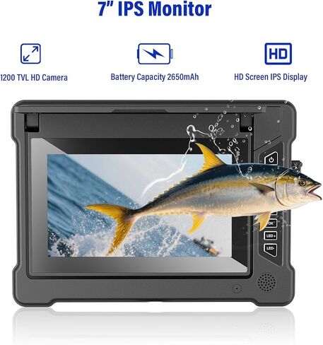 كاميرا صيد تحت الماء، شاشة 7 بوصة HD IPS 1200TVL IP68 كاميرا مقاومة للماء مع 6 قطع من مصابيح LED + 6 قطع من مصابيح الأشعة تحت الحمراء تحت الحمراء، زاوية واسعة 165 درجة لصيد الأسماك على الجليد والقوارب والبحيرات (50 قدمًا/15 مترًا) in Kuwait