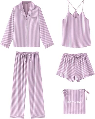 Sapjon Satin Silk Pajamas for Women Set 5pcs Classic Button Button Down Pajamas Top and Pants Cami and Shuffle Shorts Sleepwear in Kuwait