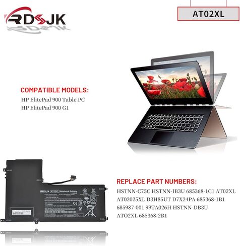 بطارية AT02XL متوافقة مع HP ElitePad 900 G1 Table HSTNN-C75C HSTNN-IB3U 685368-1C1 AT02025XL D3H85UT D7X24PA 685368-1B1 685987-001 99TA026H HSTNN-DB3U 7.4V 25Wh in Saudi Arabia