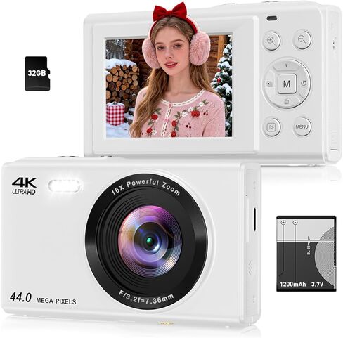 كاميرا رقمية، كاميرات تسجيل فيديو واي فاي بدقة 4K بدقة 75 ميجابكسل للتصوير الفوتوغرافي وشاشة اللمس والتركيز التلقائي وكاميرا فيديو للمراهقين والبالغين المبتدئين مع تكبير 16X وبطاقة 32 جيجابايت in Kuwait