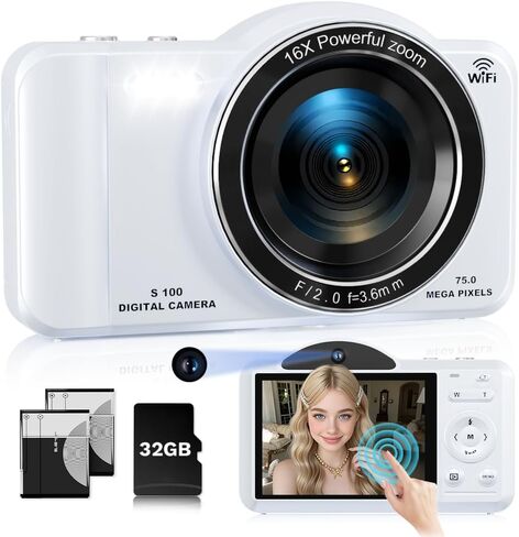 كاميرا رقمية، كاميرات تسجيل فيديو واي فاي بدقة 4K بدقة 75 ميجابكسل للتصوير الفوتوغرافي وشاشة اللمس والتركيز التلقائي وكاميرا فيديو للمراهقين والبالغين المبتدئين مع تكبير 16X وبطاقة 32 جيجابايت in Kuwait