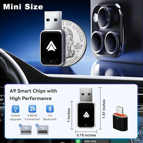 محول تلقائي Android iOS 2in1، محول carplay لاسلكي، بدون تأخير وتحكم ثابت، حجم صغير، USB وUSB-C/Type-C التوصيل والتشغيل اللاسلكي للسيارات 2016+ Android 11 وما فوق (فضي) in Saudi Arabia