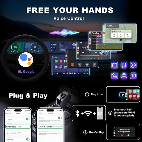 محول تلقائي Android iOS 2in1، محول carplay لاسلكي، بدون تأخير وتحكم ثابت، حجم صغير، USB وUSB-C/Type-C التوصيل والتشغيل اللاسلكي للسيارات 2016+ Android 11 وما فوق (فضي) in Saudi Arabia
