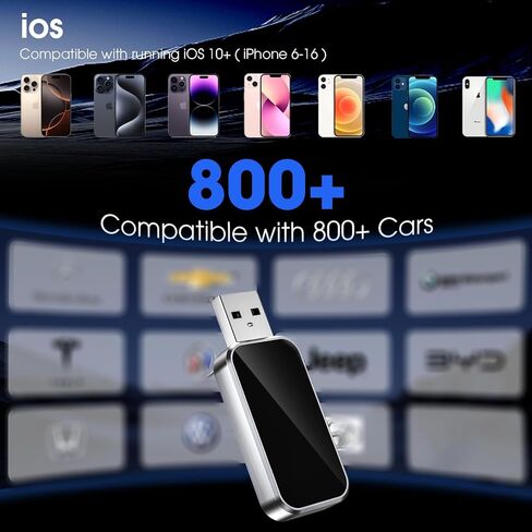 محول CarPlay اللاسلكي 2025 تمت ترقيته، التوصيل والتشغيل، بدون زمن الوصول، يحول سلك المصنع إلى لاسلكي، متوافق مع iPhone (iOS 10 وما فوق) للسيارات 2016+ - أسود in Kuwait
