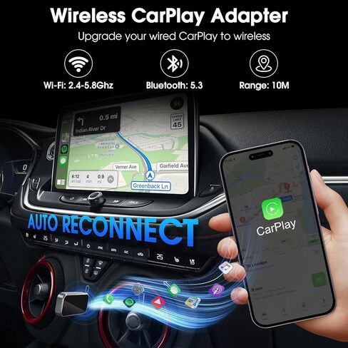 محول CarPlay اللاسلكي 2025 تمت ترقيته، التوصيل والتشغيل، بدون زمن الوصول، يحول سلك المصنع إلى لاسلكي، متوافق مع iPhone (iOS 10 وما فوق) للسيارات 2016+ - أسود in Kuwait