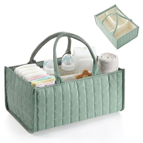 Checkered Baby Diaper Caddy, Puffy Nursery Storage Organizer for Diapers & Babies Wipes, Large Quilted Tote Bag for Newborn Essentials Boy or Girl, Gift for Baby Shower Registry (Sage Green) in Saudi Arabia