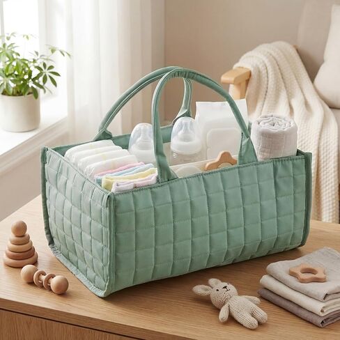 Checkered Baby Diaper Caddy, Puffy Nursery Storage Organizer for Diapers & Babies Wipes, Large Quilted Tote Bag for Newborn Essentials Boy or Girl, Gift for Baby Shower Registry (Sage Green) in Saudi Arabia