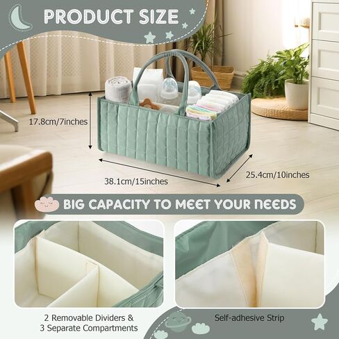 Checkered Baby Diaper Caddy, Puffy Nursery Storage Organizer for Diapers & Babies Wipes, Large Quilted Tote Bag for Newborn Essentials Boy or Girl, Gift for Baby Shower Registry (Sage Green) in Saudi Arabia