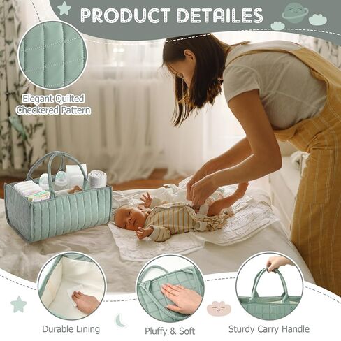 Checkered Baby Diaper Caddy, Puffy Nursery Storage Organizer for Diapers & Babies Wipes, Large Quilted Tote Bag for Newborn Essentials Boy or Girl, Gift for Baby Shower Registry (Sage Green) in Saudi Arabia