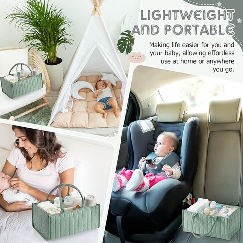 Checkered Baby Diaper Caddy, Puffy Nursery Storage Organizer for Diapers & Babies Wipes, Large Quilted Tote Bag for Newborn Essentials Boy or Girl, Gift for Baby Shower Registry (Sage Green) in Saudi Arabia