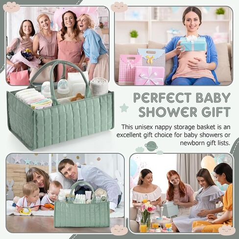 Checkered Baby Diaper Caddy, Puffy Nursery Storage Organizer for Diapers & Babies Wipes, Large Quilted Tote Bag for Newborn Essentials Boy or Girl, Gift for Baby Shower Registry (Sage Green) in Saudi Arabia