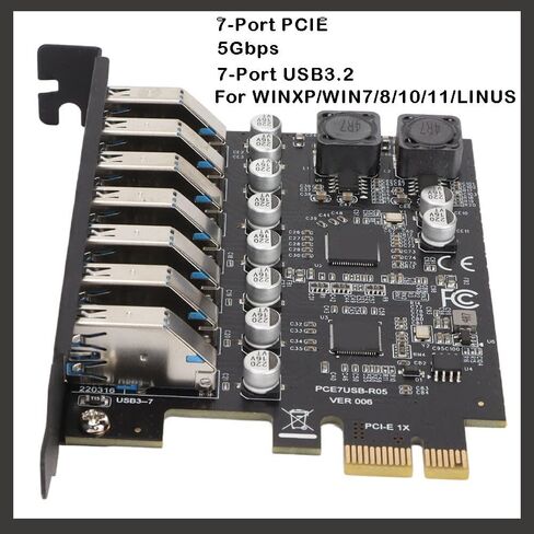 محول بطاقة التوسعة الداخلية USB 3.2 PCIe x1 ذو 7 منافذ - وحدة تحكم مضيف PCIe منخفضة المستوى باللون الأسود لأنظمة Windows/Linux in Kuwait