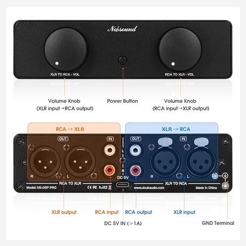 Nobsound HiFi XLR RCA Converter: Bi-Directional Balanced Audio Adapter with Independent Volume Control USB-C Powered for Home Studio, Amplifier, Preamplifier, Active Speaker (NS-05P PRO) in Saudi Arabia
