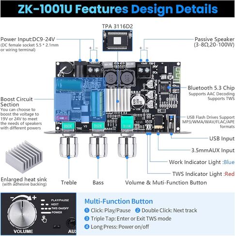 ZK-1001U Mono Bluetooth Amplifier Board, 100W Peak Power, TWS Stereo, 9-24V Input, USB/AUX/Bluetooth Input for DIY Wireless Speakers Projects,Boost Circuit in Saudi Arabia