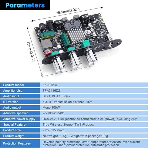 ZK-1001U Mono Bluetooth Amplifier Board, 100W Peak Power, TWS Stereo, 9-24V Input, USB/AUX/Bluetooth Input for DIY Wireless Speakers Projects,Boost Circuit in Saudi Arabia