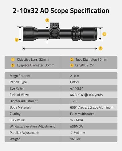 CVLIFE 2-10x32 MPVO AO نطاق البندقية مع برج القفل، 5 مستويات شبكاني الإضاءة الأحمر والأخضر، تعديل المنظر، نطاقات المستوى البؤري الثاني مع نطاق إزاحة 30 مم in Kuwait