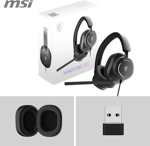 MSI Maestro 300 Gaming Headset - 40mm Neodymium Drivers, Unidirectional (Cardioid) Mic, High-Density Foam Earpads, Lightweight & Swivel Design, USB-C, USB-C to A Adapter - Wired in Saudi Arabia