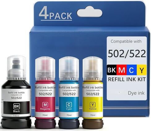 عبوات الحبر زجاجات متوافقة مع Epson 522 ، السعة العالية ، الأسود ، السماوي ، أرجواني ، أصفر ، 4 زجاجات in Saudi Arabia