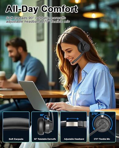 Blue Air Wireless Headset with Mic for Work, V5.3 Bluetooth Headset with Noise Cancelling Microphone - Charging Base, USB Dongle, Mute Mic, Stable Connection for Computer PC Office Home Call Center in Saudi Arabia