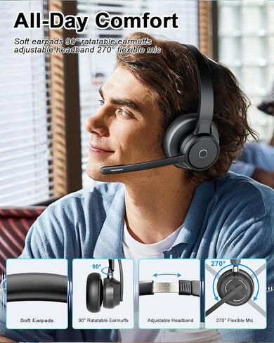 Blue Air Wireless Headset with Mic for Work, V5.3 Bluetooth Headset with Noise Cancelling Microphone - Charging Base, USB Dongle, Mute Mic, Stable Connection for Computer PC Office Home Call Center in Saudi Arabia