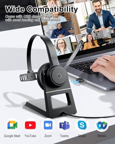 Blue Air Wireless Headset with Mic for Work, V5.3 Bluetooth Headset with Noise Cancelling Microphone - Charging Base, USB Dongle, Mute Mic, Stable Connection for Computer PC Office Home Call Center in Saudi Arabia