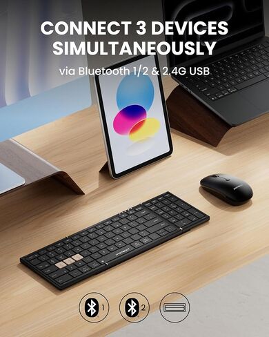 مجموعة لوحة مفاتيح وماوس قابلة للطي، USB A+Type C+Bluetooth1&2 (4 في 1) اتصال لاسلكي، تصميم محمول كامل الحجم قابل للطي وقابل لإعادة الشحن مع قفل لوحة المفاتيح للمنزل/المكتب/سفر العمل - أسود in Kuwait