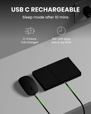 مجموعة لوحة مفاتيح وماوس قابلة للطي، USB A+Type C+Bluetooth1&2 (4 في 1) اتصال لاسلكي، تصميم محمول كامل الحجم قابل للطي وقابل لإعادة الشحن مع قفل لوحة المفاتيح للمنزل/المكتب/سفر العمل - أسود in Kuwait
