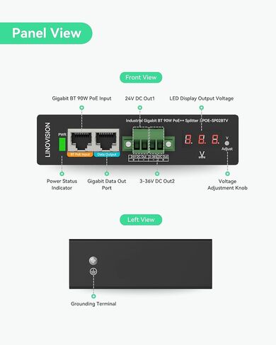 LINOVISION Industrial Gigabit 90W POE++ Splitter مع مخرجين DC، 3 ~ 36V قابل للتعديل وإخراج DC 24V، تركيب السكك الحديدية Din، مزود الطاقة لكاميرات PTZ، أنظمة التحكم في الوصول، نظام التحكم المركزي in Kuwait