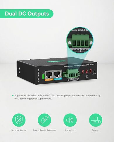 LINOVISION Industrial Gigabit 90W POE++ Splitter مع مخرجين DC، 3 ~ 36V قابل للتعديل وإخراج DC 24V، تركيب السكك الحديدية Din، مزود الطاقة لكاميرات PTZ، أنظمة التحكم في الوصول، نظام التحكم المركزي in Kuwait