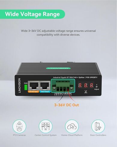 LINOVISION Industrial Gigabit 90W POE++ Splitter مع مخرجين DC، 3 ~ 36V قابل للتعديل وإخراج DC 24V، تركيب السكك الحديدية Din، مزود الطاقة لكاميرات PTZ، أنظمة التحكم في الوصول، نظام التحكم المركزي in Kuwait