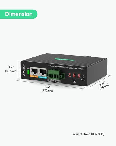 LINOVISION Industrial Gigabit 90W POE++ Splitter مع مخرجين DC، 3 ~ 36V قابل للتعديل وإخراج DC 24V، تركيب السكك الحديدية Din، مزود الطاقة لكاميرات PTZ، أنظمة التحكم في الوصول، نظام التحكم المركزي in Kuwait