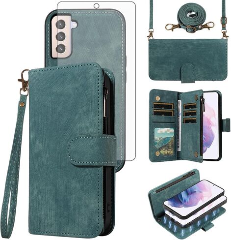 حافظة هاتف Asuwish لهاتف Samsung Galaxy S21 Plus S21+ 5G محفظة بسحاب غطاء مغناطيسي قابل للفصل مع واقي شاشة من الزجاج المقسى وحامل بطاقات بحبل طويل S21+5G S21plus 21S + S 21 21+ G5 أحمر in Kuwait